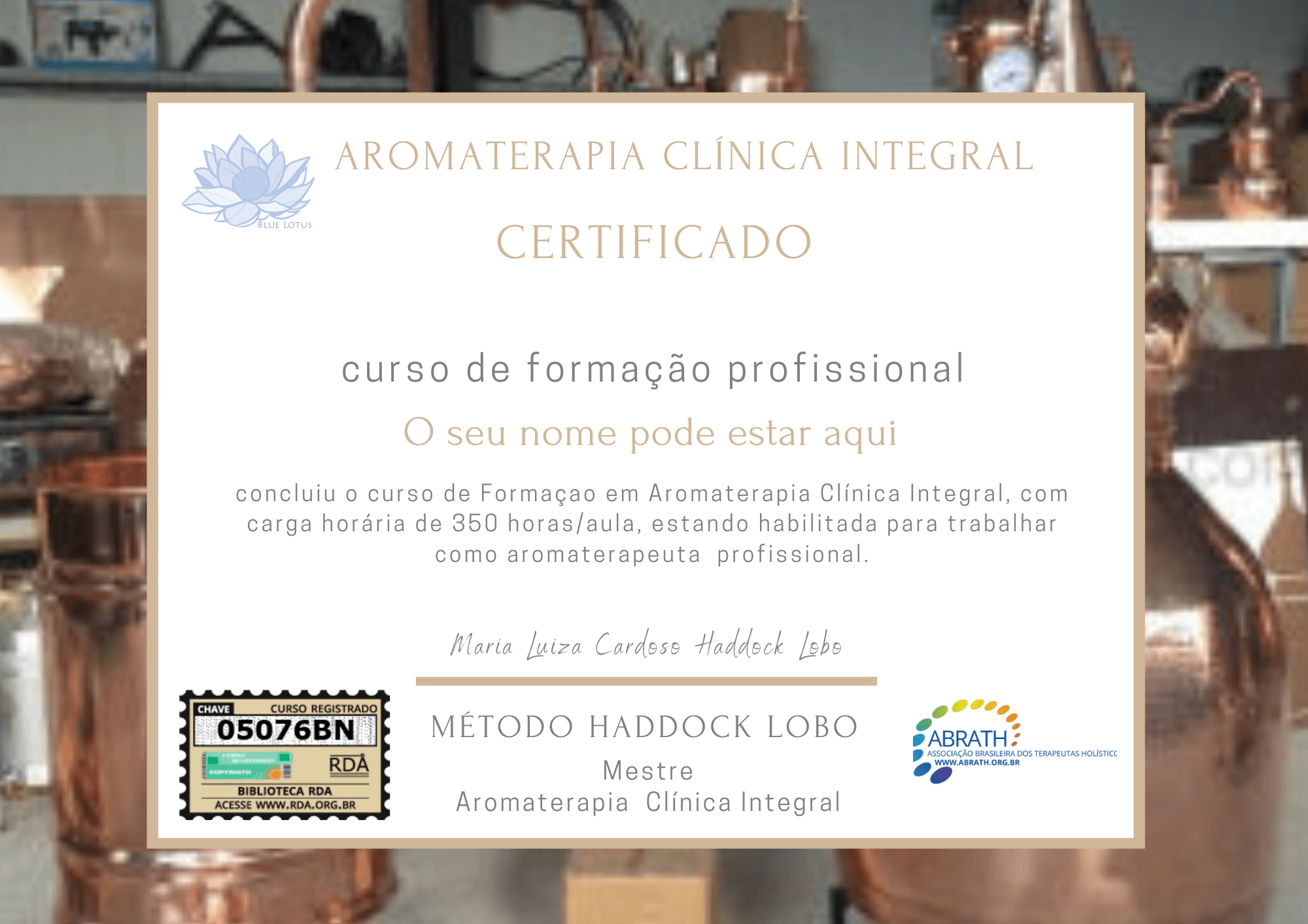 Certificado de Aromaterapia Clínica Integral com selo da ABRATH